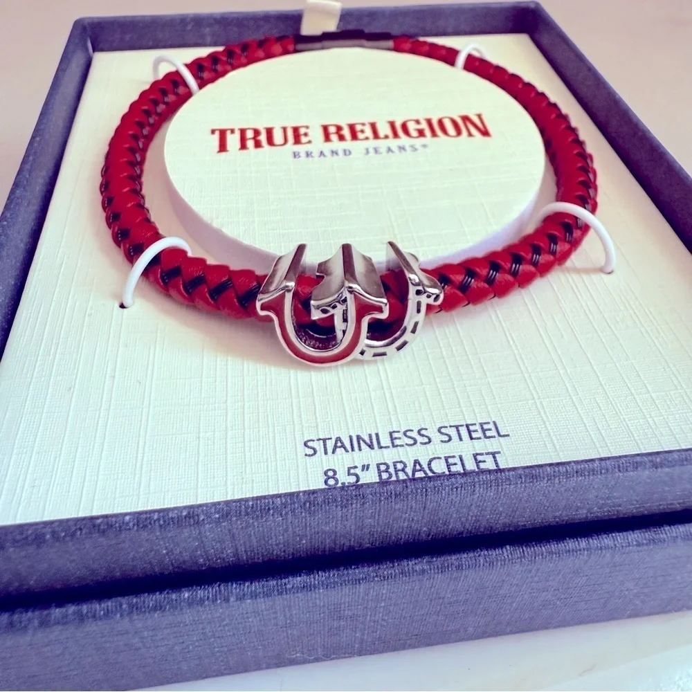 NIB True Religion Leather Red and Silver Stainless Steel Braided Bracelet